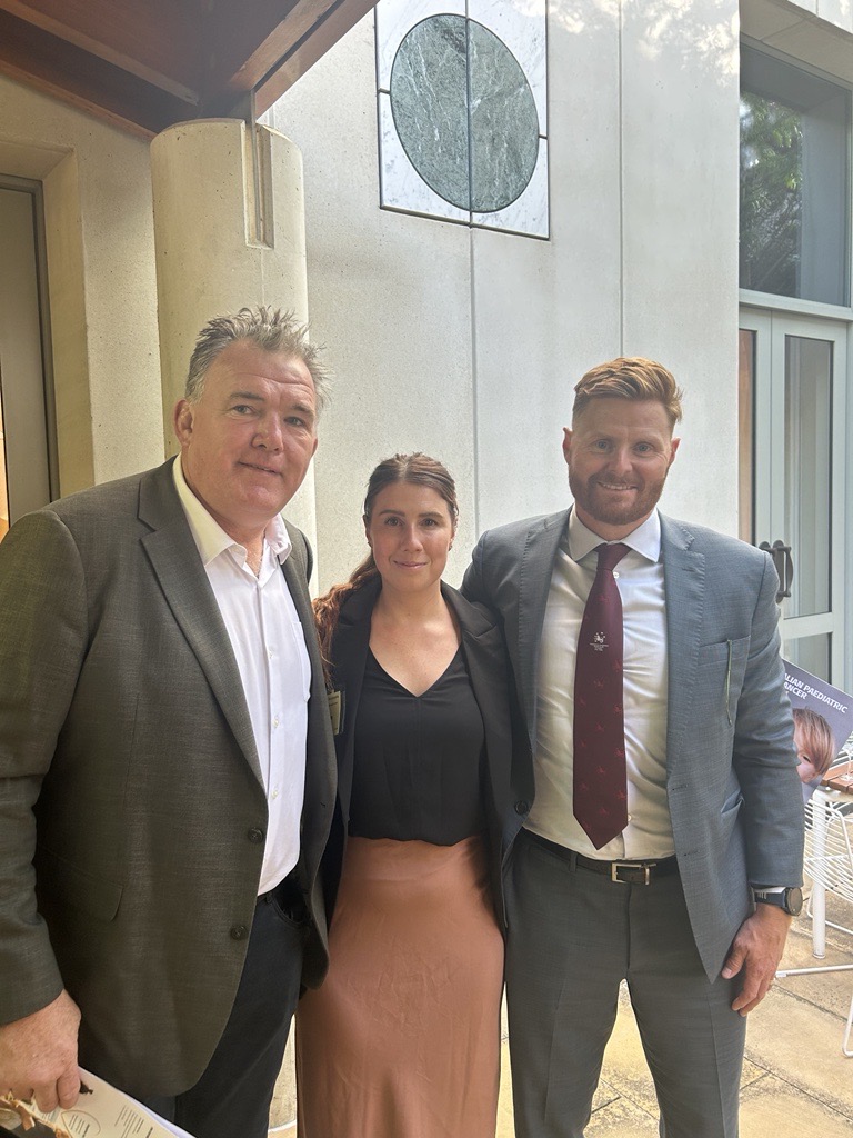 The Kids' Cancer Project CEO, Owen Finegan and COO, Kate Tannous, at Parliament House pictured with Professor Matt Dun