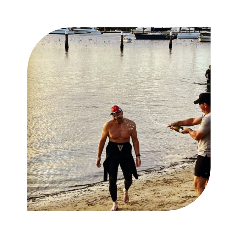 Mark Pacey at the end of his 30km swim in 2023 Bloody Long Day