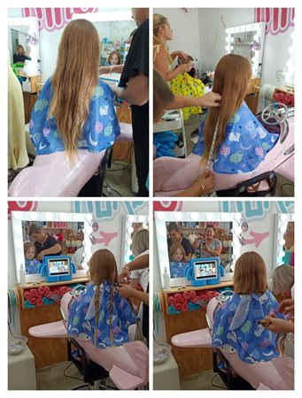 A collage of images showing the different stages of Imogen's haircut as she donates her locks.