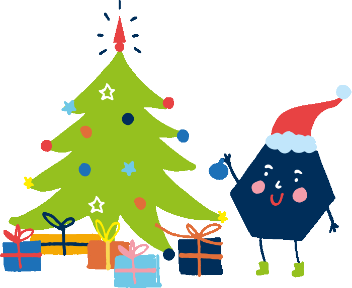 Animated hexadude with a santa hat putting an ornament on a christmas tree
