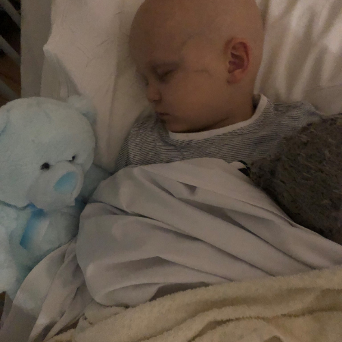 Ollie sleeping next to a blue bear in hospital.