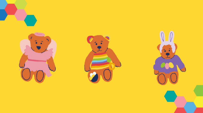 A yellow background framed with colourful hexagonal shapes in opposite corners highlighting three bears wearing different costumes drawn in a cartoonish style. 