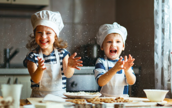 Cupcake resources for baking fundraisers with two junior bakers covered in flour and clapping